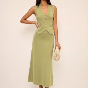 Metal Button Knit Vest & Midi Skirt Set