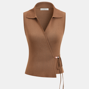 Collared Wrap Tie Sleeveless Knit Top