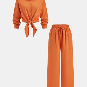 Knot-Front Shirt & Wide-Leg Pants Set