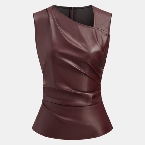 Asymmetric Neckline Ruched Faux Leather Top