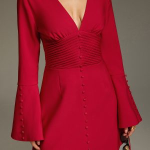 Deep V Ruched Bell-Sleeve Mini Dress