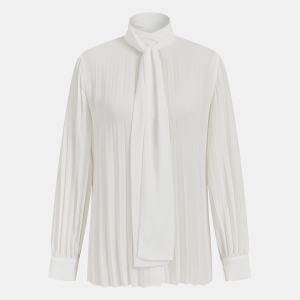 Semi-Sheer Tie-Neck Pleated Blouse