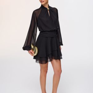Metal Detail Semi-Sheer Chiffon Mini Dress