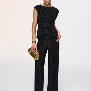 Texture Tie-Back Top & Wide-Leg Pants Set