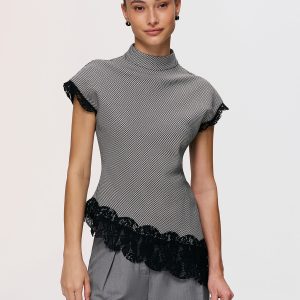 Lace Trim Houndstooth Mock Neck Top