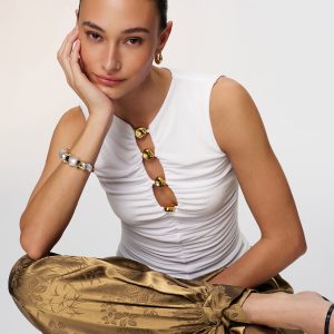 Metal Detail Cut-Out Sleeveless Ruched Top