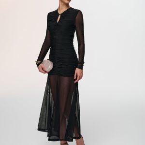 Semi-Sheer Mesh Ruched Keyhole-Neck Dress