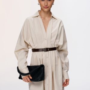 Pleated Cotton-Linen Belted Shirt Dress