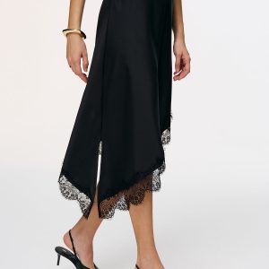 Satin Asymmetric Lace-Trim Midi Skirt