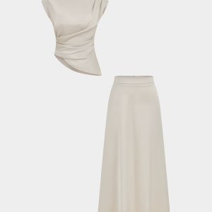 Satin Asymmetric Ruched Top & Midi Skirt Set