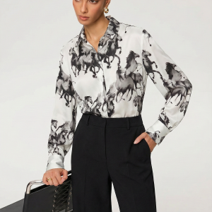 Horse Print Satin Knot-Front Long Sleeve Shirt