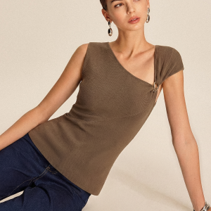 Metal Buckle Asymmetric Neckline Knit Top
