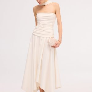 Asymmetrical Hem Ruched Halter Midi Dress