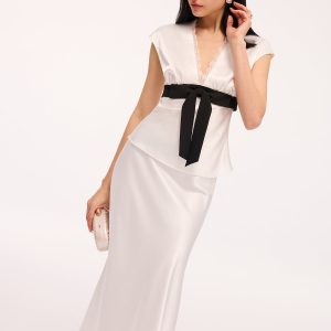 Satin Lace Trim Bow Top & Maxi Skirt Set
