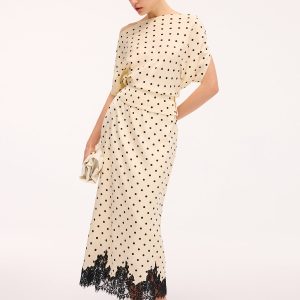 Polka Dot Top & Lace Trim Midi Skirt Set