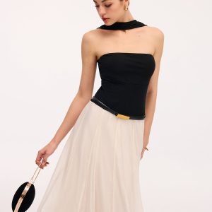 Paneled Design Color-Block Halter Backless Maxi Dress