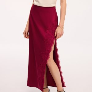 Side Slit Lace Trim Satin Maxi Skirt