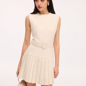 Belted Tweed Sleeveless Pleated Mini Dress