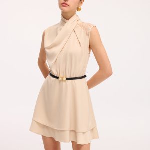 Layered Hem Lace Panel Satin Dress without Belt