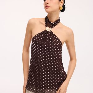 Metal Detail Backless Polka Dot Halter Top