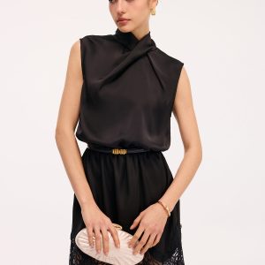 Lace Trim Satin Cross Neck Sleeveless Dress
