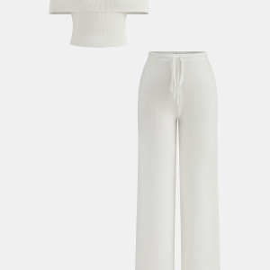 Ribbed Off-Shoulder Top & Drawstring Pants Set