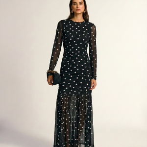 Polka Dot Sheer-Mesh Ruched Maxi Dress
