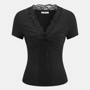 Lace Trim Twist Front Short Sleeve Top