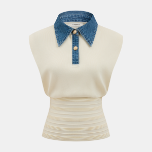 Denim Collar Sleeveless Cinched Waist Knit Top
