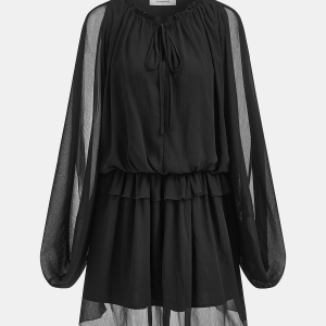 Chiffon Ruffle Tie Neck Long Sleeve Mini Dress