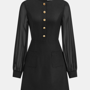 Sheer Sleeve Metal Detail Tweed Mini Dress