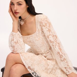 Semi-Sheer Floral Lace Square Neck Mini Dress