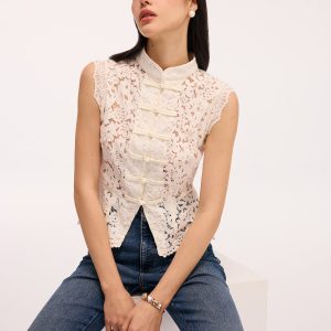 Lace Mandarin Collar Pearl Button Sleeveless Top