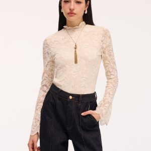 Lace Flared-Sleeve Mock Neck Bodysuit