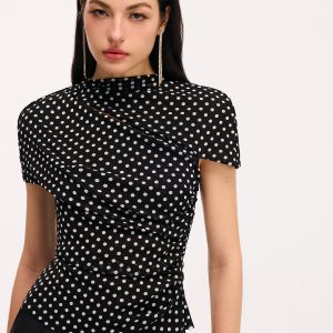 Polka Dot Cut-Out Ruched Short-Sleeve Blouse