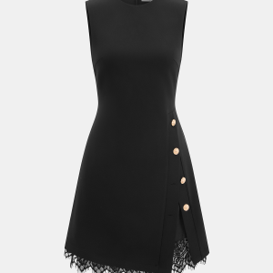 Sleeveless Side Metal Detail Lace Trim Dress