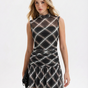Mock Neck Ruffle Sheer Plaid Mini Dress