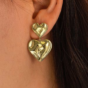 Double Crinkled Heart Drop Earrings