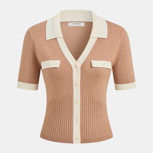 Collared Contrast Trim Button-Front Knit Top