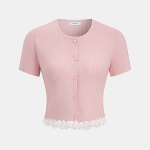 Ribbed Lace-Trim Short-Sleeve Cardigan