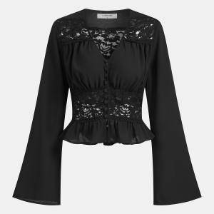 Lace-Paneled Bell-Sleeve Peplum Blouse