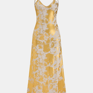 Metallic Print V-Neck Backless Slip Long Dress