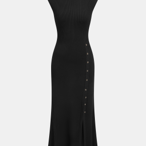 Button Detail Cap Sleeve Rib Knit Maxi Dress
