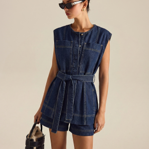 Belted Denim Sleeveless Vest & Shorts Set