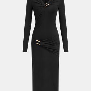 Metal Detail Long-Sleeve Midi Dress