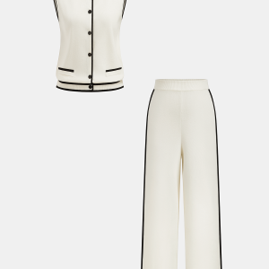 Contrast Piping Knit Vest & Wide-Leg Pants Set