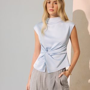 Twist-Front Satin Mock Neck Sleeveless Top