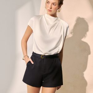 Satin Mock Neck Draped Blouse