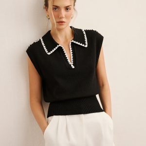 Contrast Trim Sleeveless Knit Polo Vest