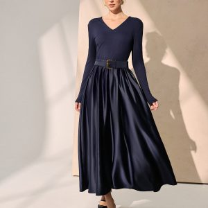 Belted Satin Panel V-Neck Long Sleeve Maxi Dress